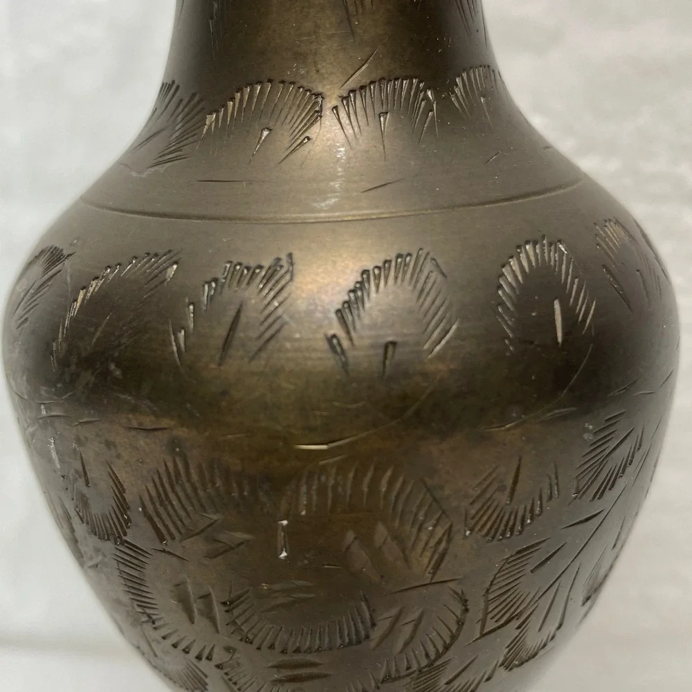 Vintage Brass Vase Etched Floral Design Ornate‎ Trumpet Neck Pedestal Base Decor